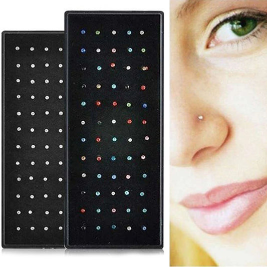 60PCS/Box Stainless Steel Nose Studs Rings Clear Colorful CZ Nostril Piercing Stud Pin Body Jewelry 1.5mm 1.8mm 2mm 2.5mm Top