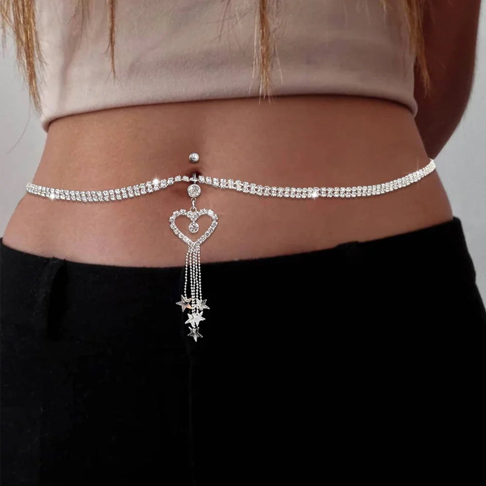 Boho Heart Dangle Rhinestone Piercing Navel Chain Belly Button Ring with Waist Chain Women Navel Piercing Body Jewelry Gift