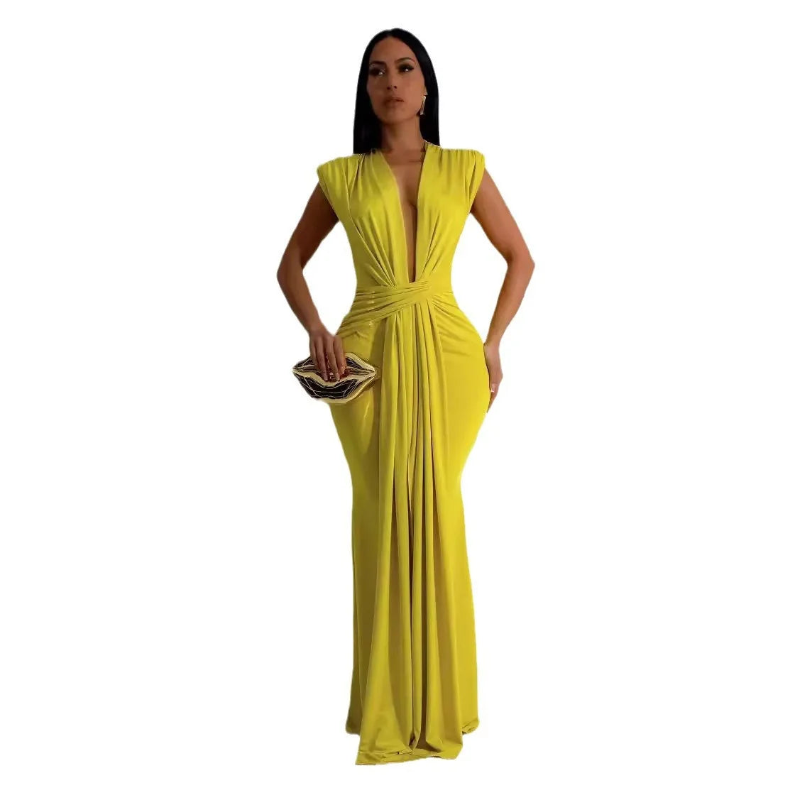 LKF Fashionable Party Dress Sleeveless Deep V Waist Sexy Solid Color Stretch Elegant MIDI Long Evening Dress