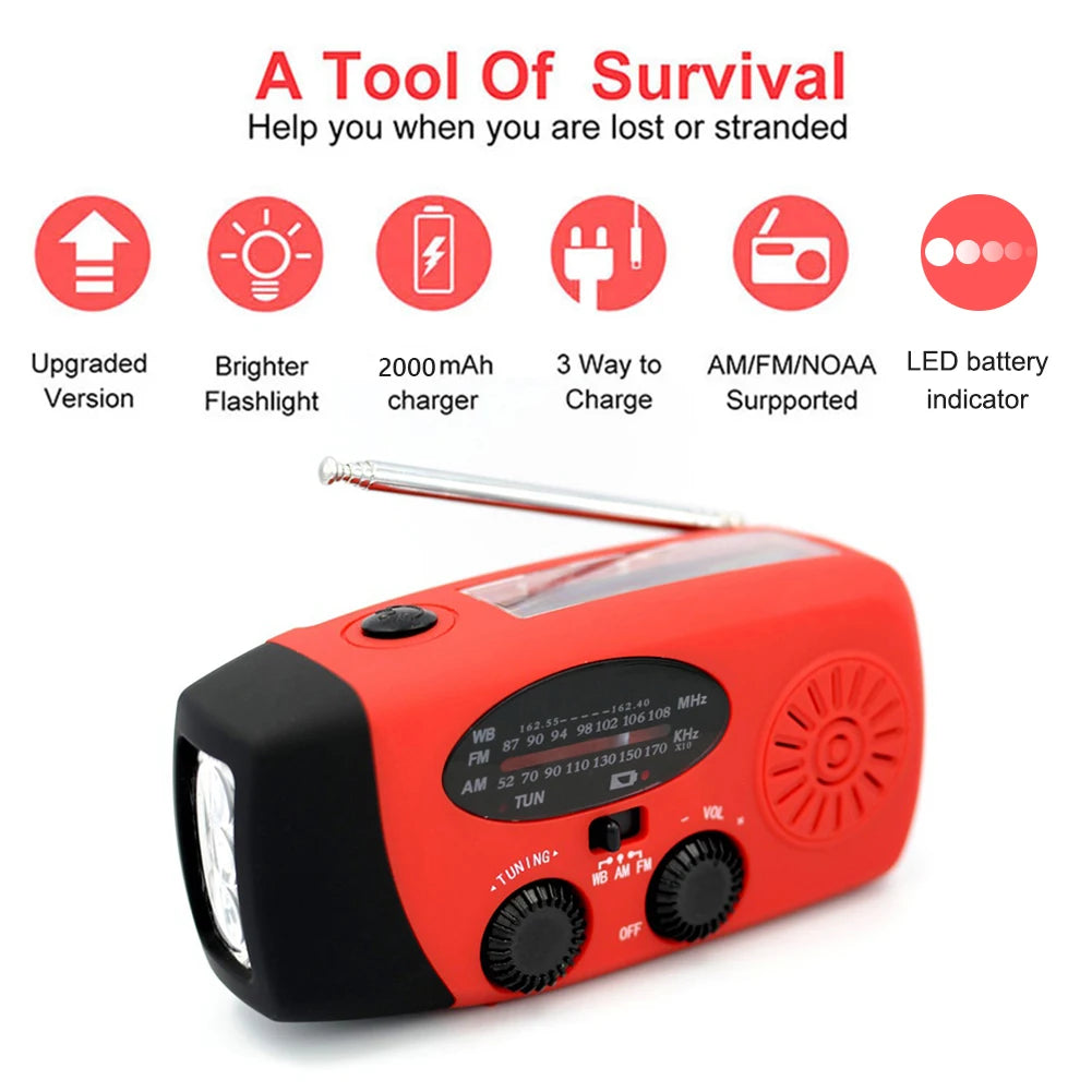 5000mAh Emergency Radio Hand Crank Solar FM AM WB NOAA Weather Radio with LED Flashlight BT 5.3 Speaker Power Bank Phone Charger