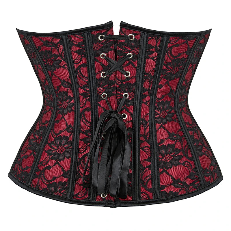 Underbust Corset Lace Floral Red Waist Trainer Cincher Gothic Women Slimming Belt Bustier Corselet