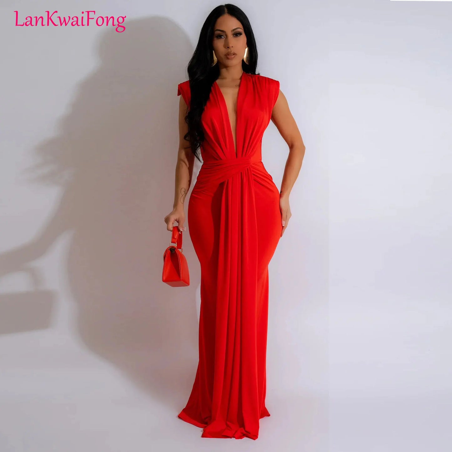 LKF Fashionable Party Dress Sleeveless Deep V Waist Sexy Solid Color Stretch Elegant MIDI Long Evening Dress