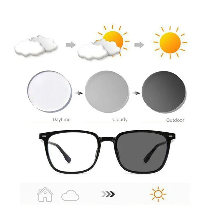 Sunglass Men Photochromic Glasses Square Black Thick Frame Anti-Blue Light Sunshade UV400