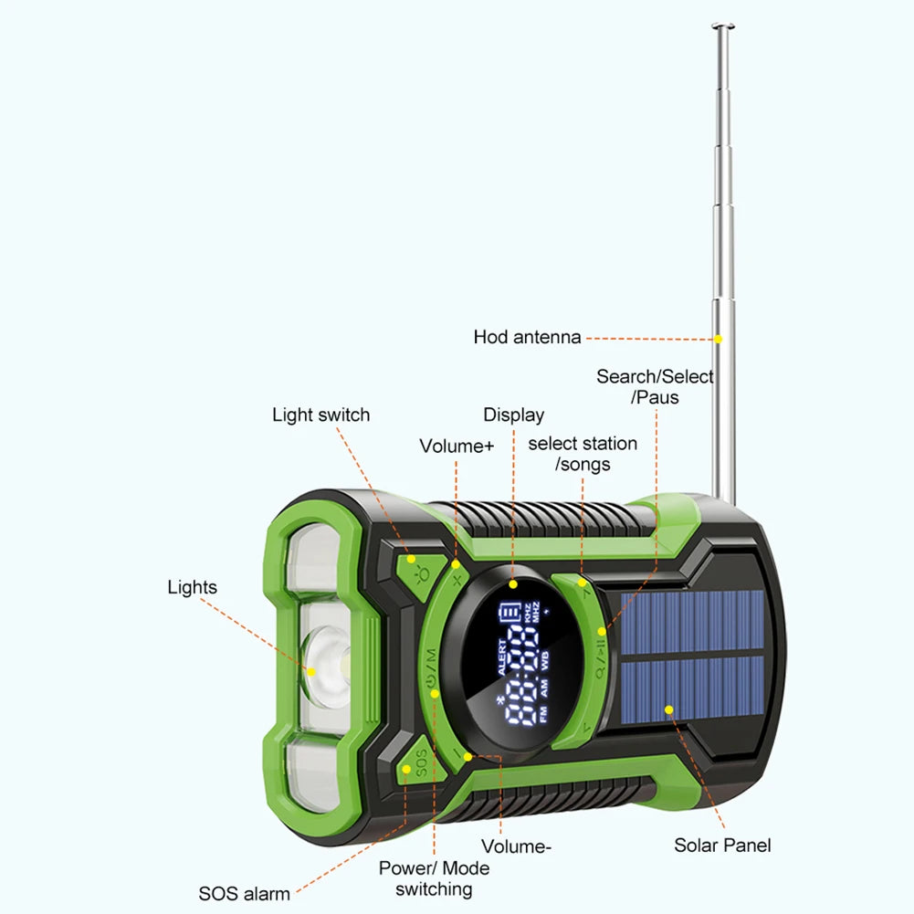 5000mAh Emergency Radio Hand Crank Solar FM AM WB NOAA Weather Radio with LED Flashlight BT 5.3 Speaker Power Bank Phone Charger