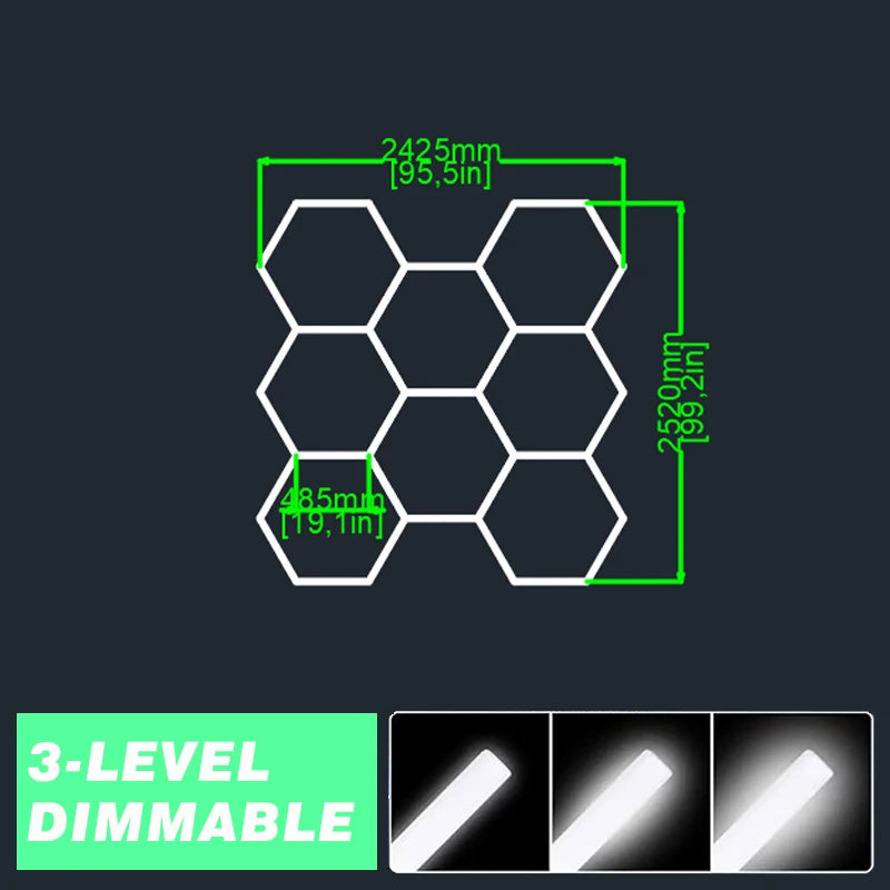 3-Level Dimmable Garage Light Hexagon Lamp 110V-240V Led Tube Honeycomb Ceiling Lighting for Auto Car Body Repair Led Workshop