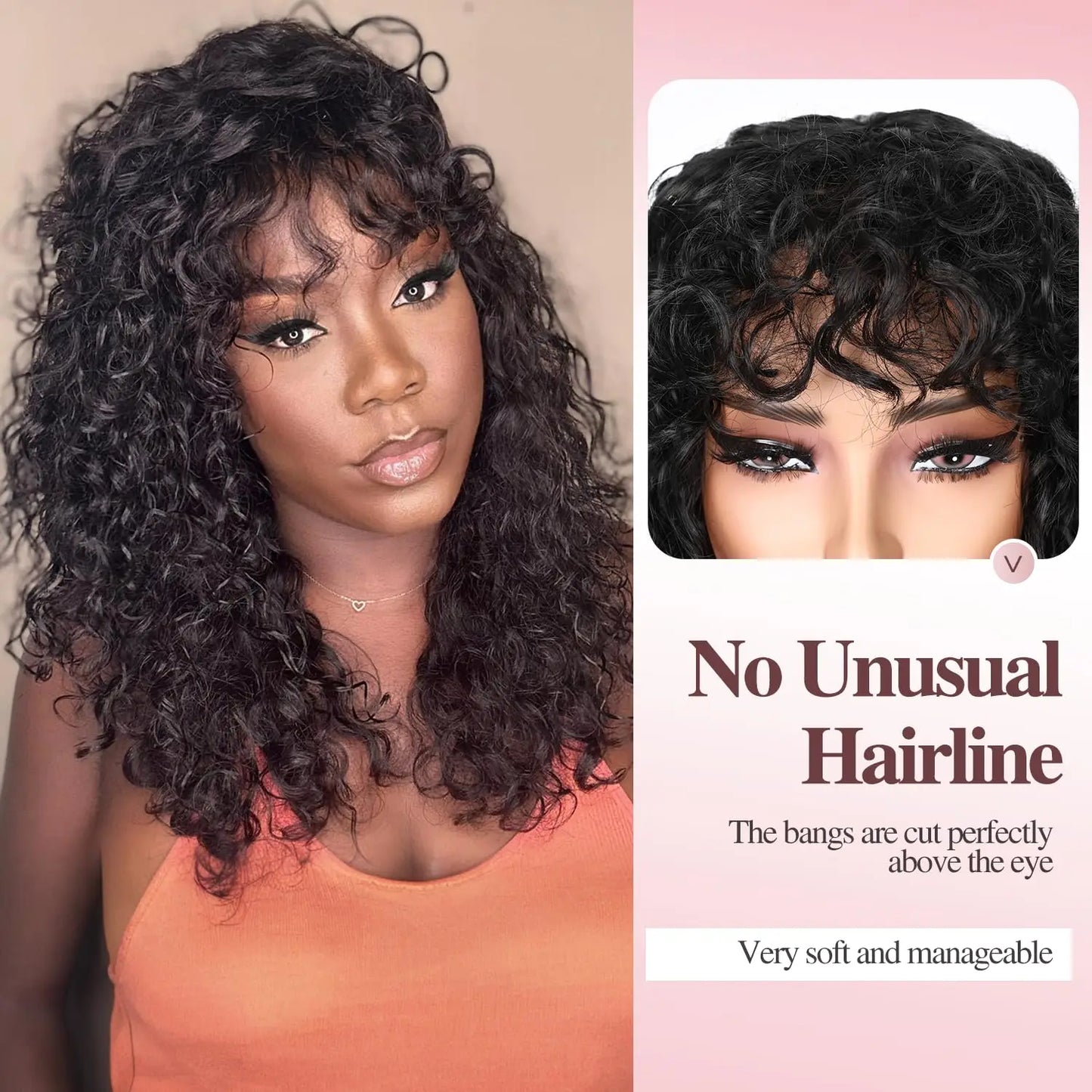 Long Water Wave Wigs For Black Women Malaysian Curly Human Hair Wigs With Bangs Full Machine Made Wigs Cheap Remy Human Hair Wig