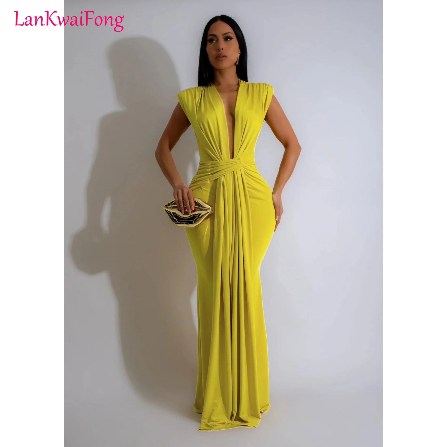 LKF Fashionable Party Dress Sleeveless Deep V Waist Sexy Solid Color Stretch Elegant MIDI Long Evening Dress