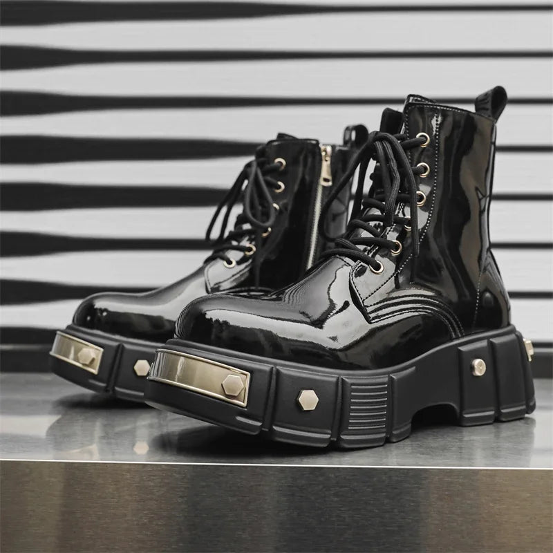 Autumn Men Platform Boots Patent Leather Casual Ankle Boots Metal Male Chunky Sole Flats Sneakers British Party Dress Shoes 46