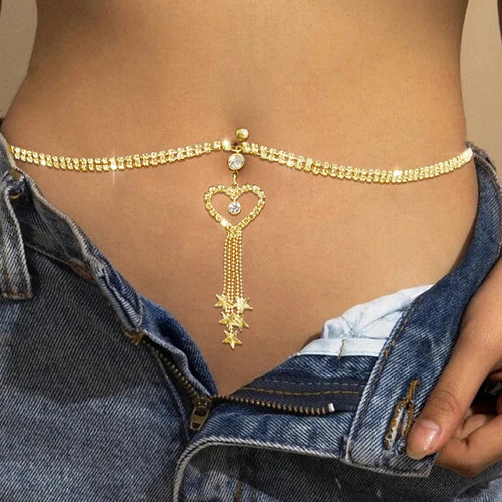 Boho Heart Dangle Rhinestone Piercing Navel Chain Belly Button Ring with Waist Chain Women Navel Piercing Body Jewelry Gift