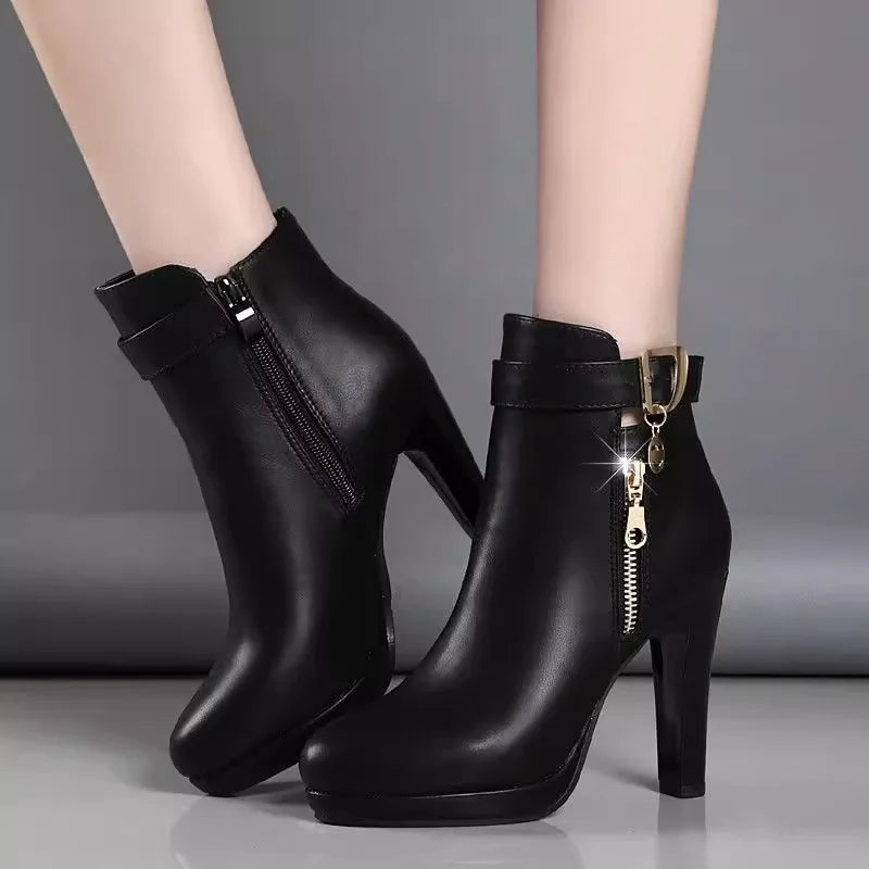 Round Toe High Heeled Boots Women Winter 2023 Sexy Plush Ankle Boots Simple Slim Heeled Leather Boots Elegant Woman Heeled Shoe