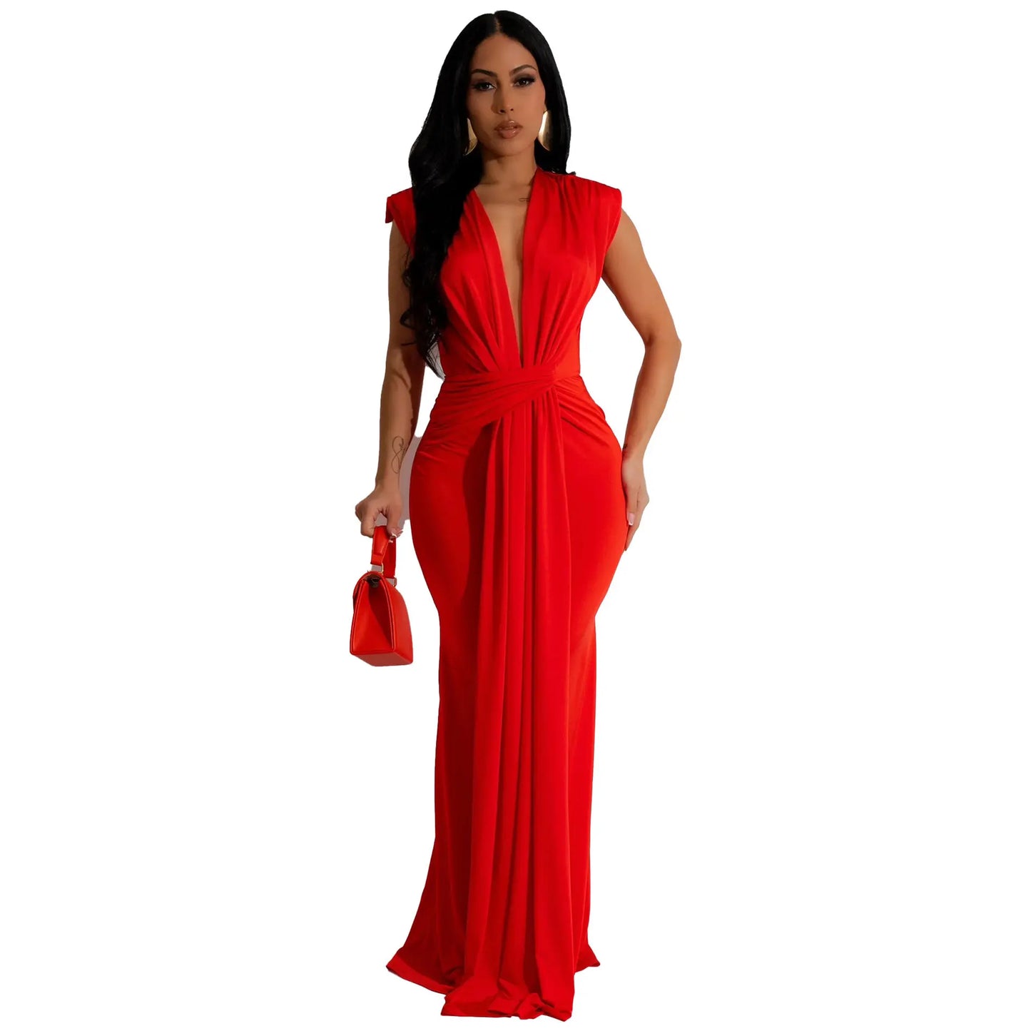 LKF Fashionable Party Dress Sleeveless Deep V Waist Sexy Solid Color Stretch Elegant MIDI Long Evening Dress