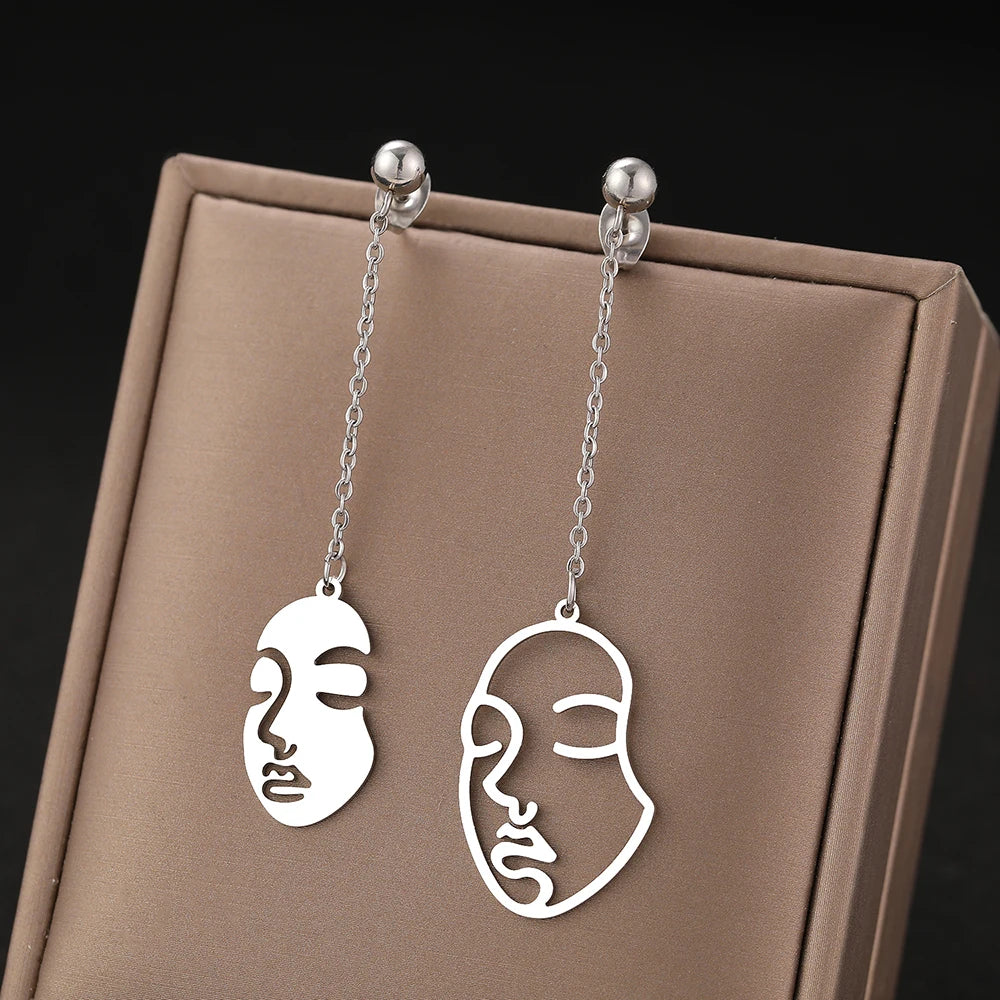 Stainless Steel Earrings Beauty Face Abstract Design Exquisite Versatile Fashion Pendant Earrings For Women Jewelry Girls Party