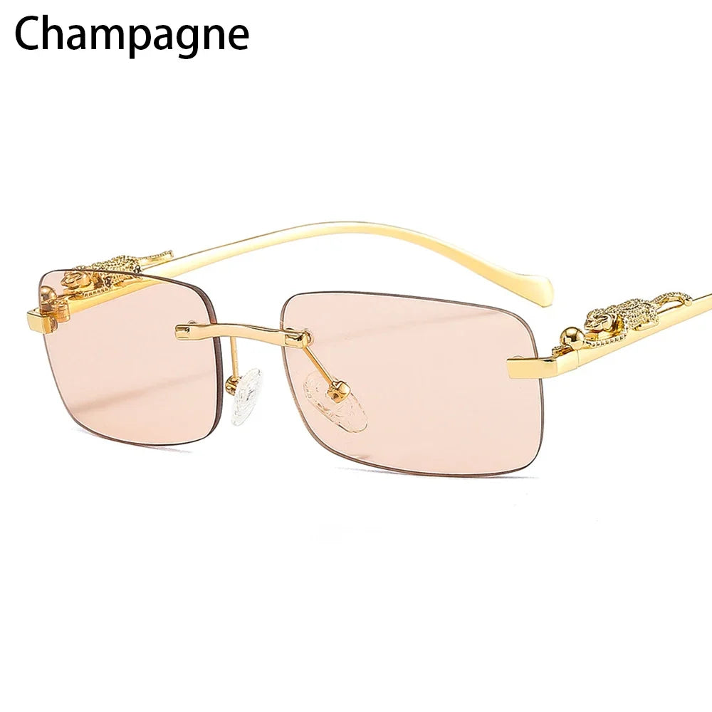 Square Rimless Sunglasses Women Men Cut Edge Golden Leopard Small Frame Sun Glasses Designer Retro Shade Eyewear UV400 oculos