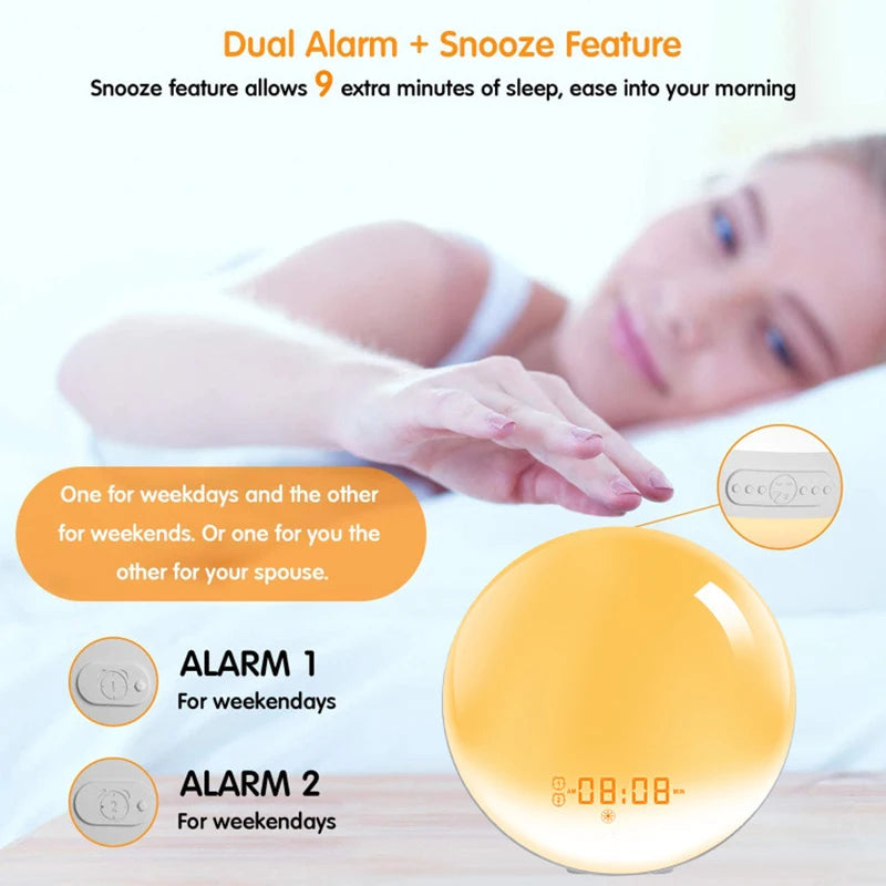 Wake Up Light Alarm Clock with Sunrise/Sunset Simulation Dual Alarms FM Radio Nightlight 7 Colors Natural Sounds Snooze