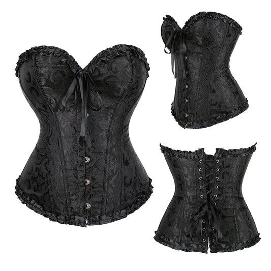 Women Corset Plus Size Overbust Lace Up Plastic Boned Bustiers Top Sexy Vintage Flower Print Body Shaper Corselet