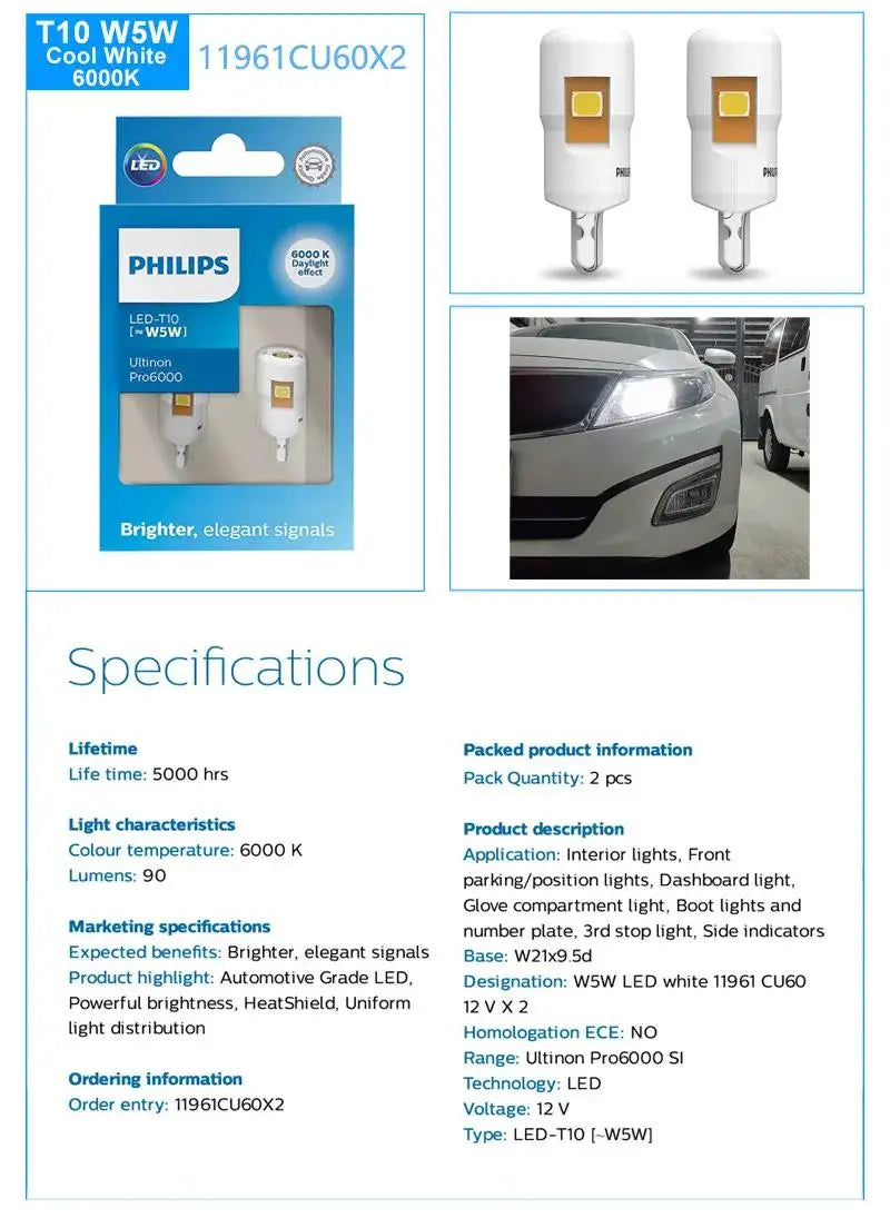 Philips LED T10 W5W Ultinon Pro6000 4000K 6000K White Bright Car Interior Lamps Turn Signal No Flash Flickering Error Free, Pair