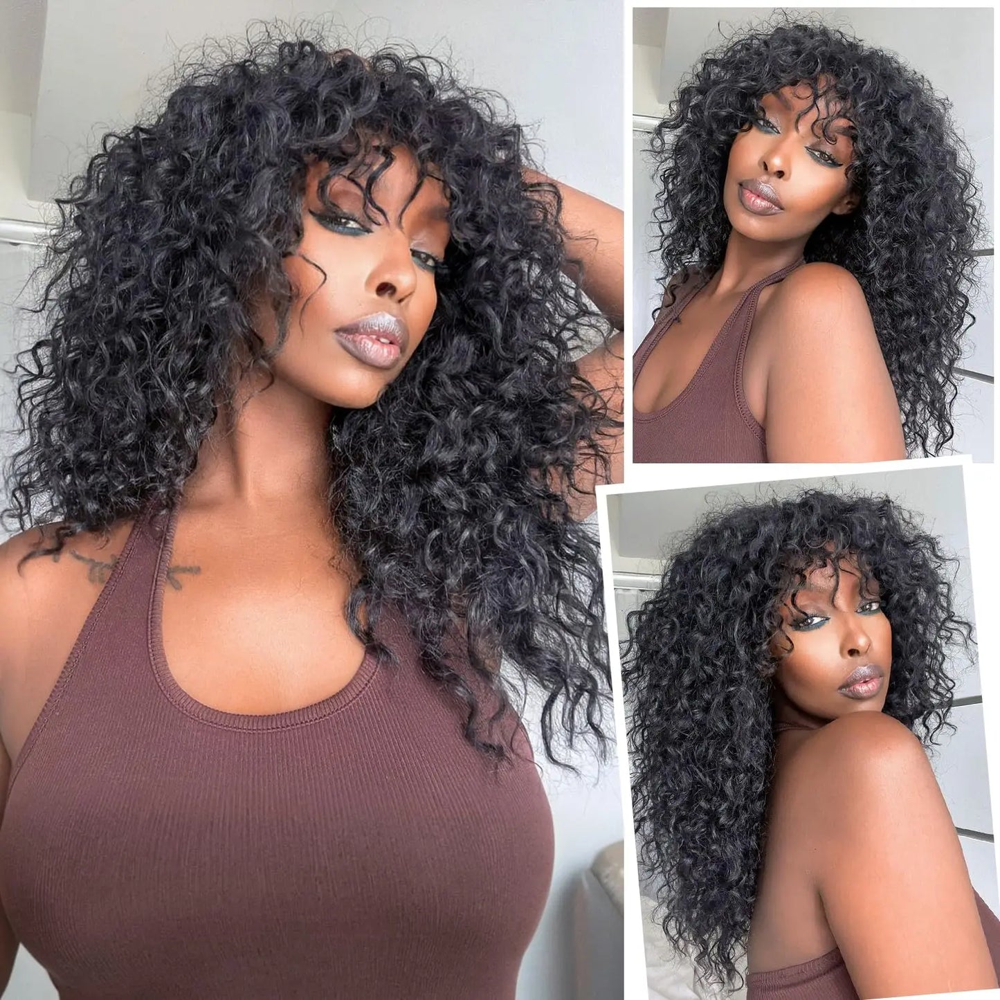 Long Water Wave Wigs For Black Women Malaysian Curly Human Hair Wigs With Bangs Full Machine Made Wigs Cheap Remy Human Hair Wig