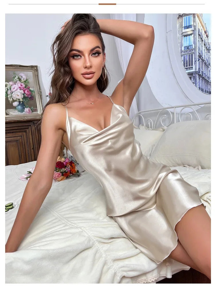 Cross Back Silk Satin Women Nightgown Sleeveless Cowl Neck Sleepwear Female Solid Nighwear Dress Homewear Nightwear Loungerwear