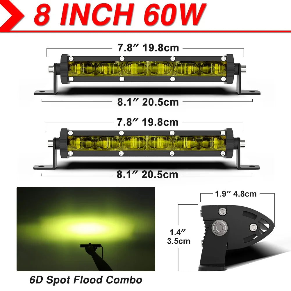 6D Ultra Strip LED Light Bar 8" 14" 20" inch Driving Fog Lamp Work Light 4x4 Led Bar for Motorcycle Offroad SUV ATV Tractor