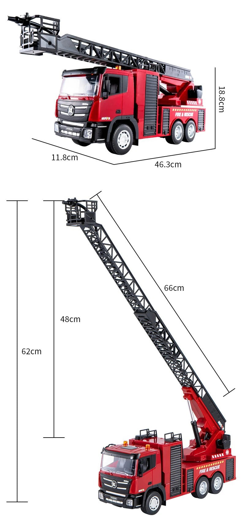 Huina 1361 Big RC Fire Truck 9CH 1/24 Scale Remote Controlled Fire Rescue Car Simulated Ladder Car  Spraying Water Toys Gift