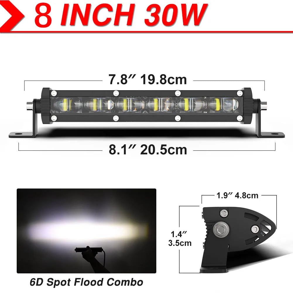 6D Ultra Strip LED Light Bar 8" 14" 20" inch Driving Fog Lamp Work Light 4x4 Led Bar for Motorcycle Offroad SUV ATV Tractor