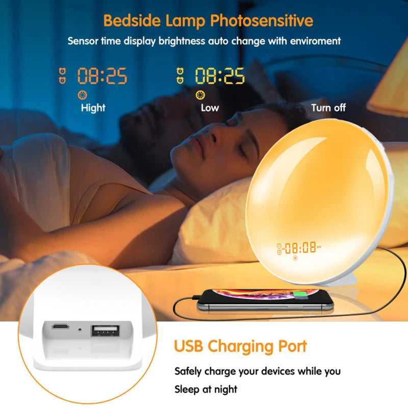 Wake Up Light Alarm Clock with Sunrise/Sunset Simulation Dual Alarms FM Radio Nightlight 7 Colors Natural Sounds Snooze