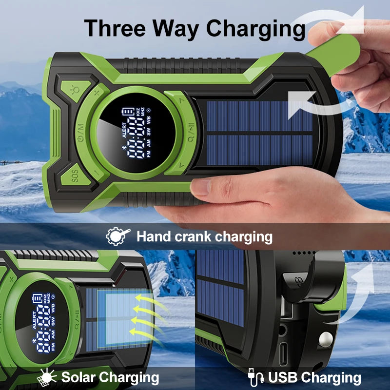 5000mAh Emergency Radio Hand Crank Solar FM AM WB NOAA Weather Radio with LED Flashlight BT 5.3 Speaker Power Bank Phone Charger