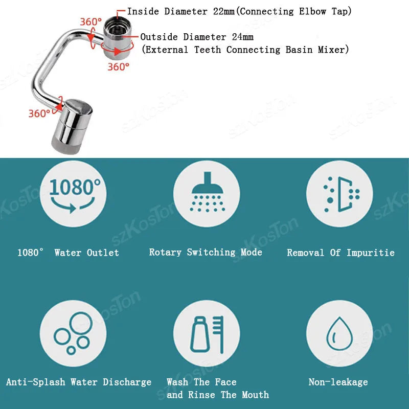 Rotatable Water tap nozzle 1080 Degree Dual mode stainless steel faucet extender For Kitchen Washbasin bathroom accessories