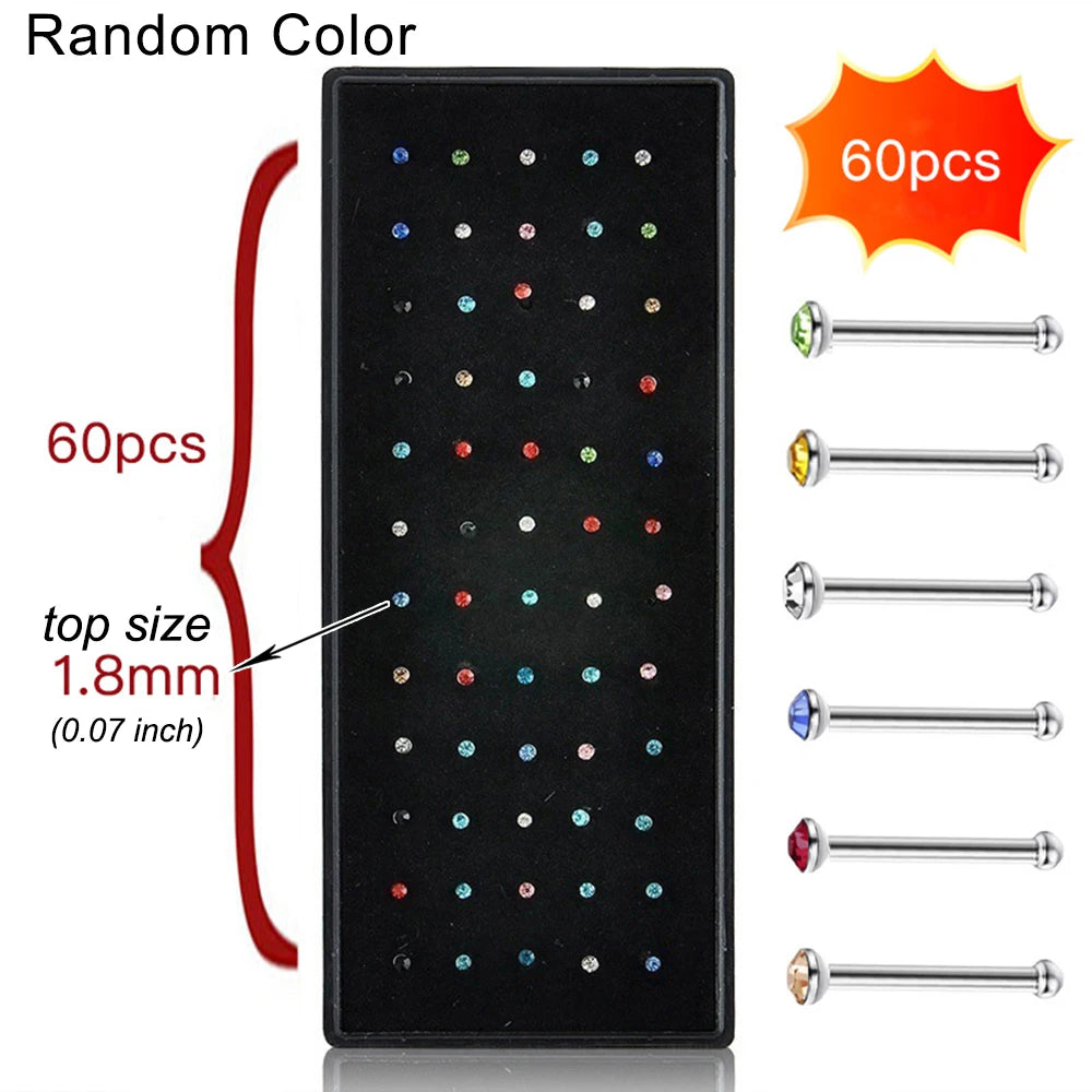 60PCS/Box Stainless Steel Nose Studs Rings Clear Colorful CZ Nostril Piercing Stud Pin Body Jewelry 1.5mm 1.8mm 2mm 2.5mm Top