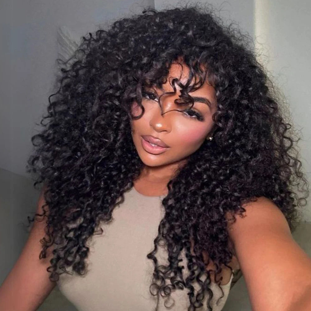 Long Water Wave Wigs For Black Women Malaysian Curly Human Hair Wigs With Bangs Full Machine Made Wigs Cheap Remy Human Hair Wig