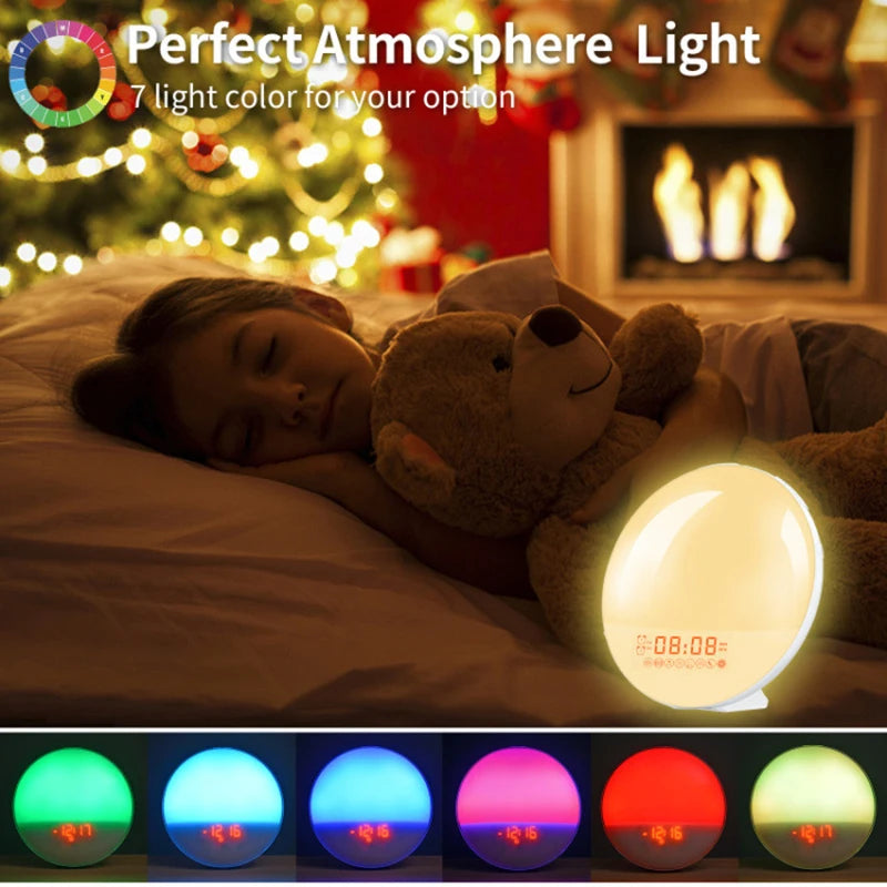 Wake Up Light Alarm Clock with Sunrise/Sunset Simulation Dual Alarms FM Radio Nightlight 7 Colors Natural Sounds Snooze