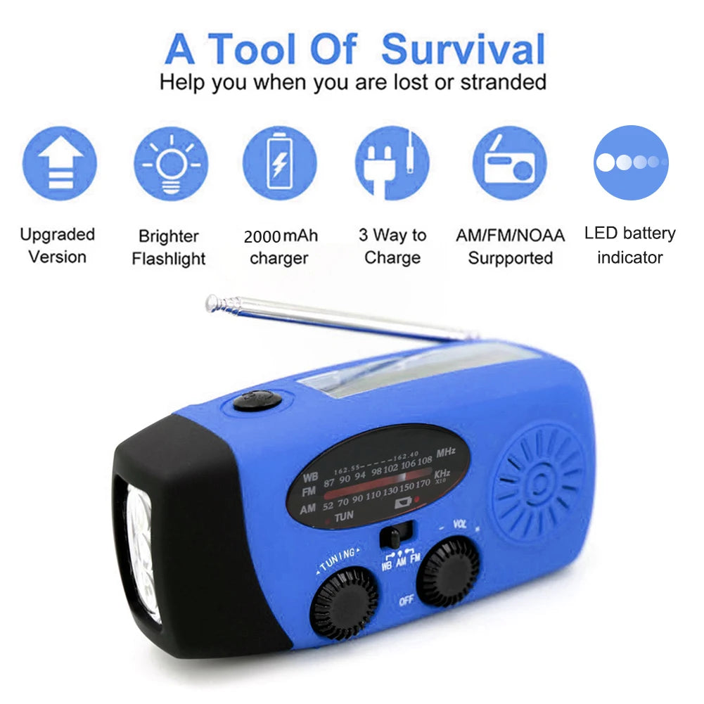 5000mAh Emergency Radio Hand Crank Solar FM AM WB NOAA Weather Radio with LED Flashlight BT 5.3 Speaker Power Bank Phone Charger