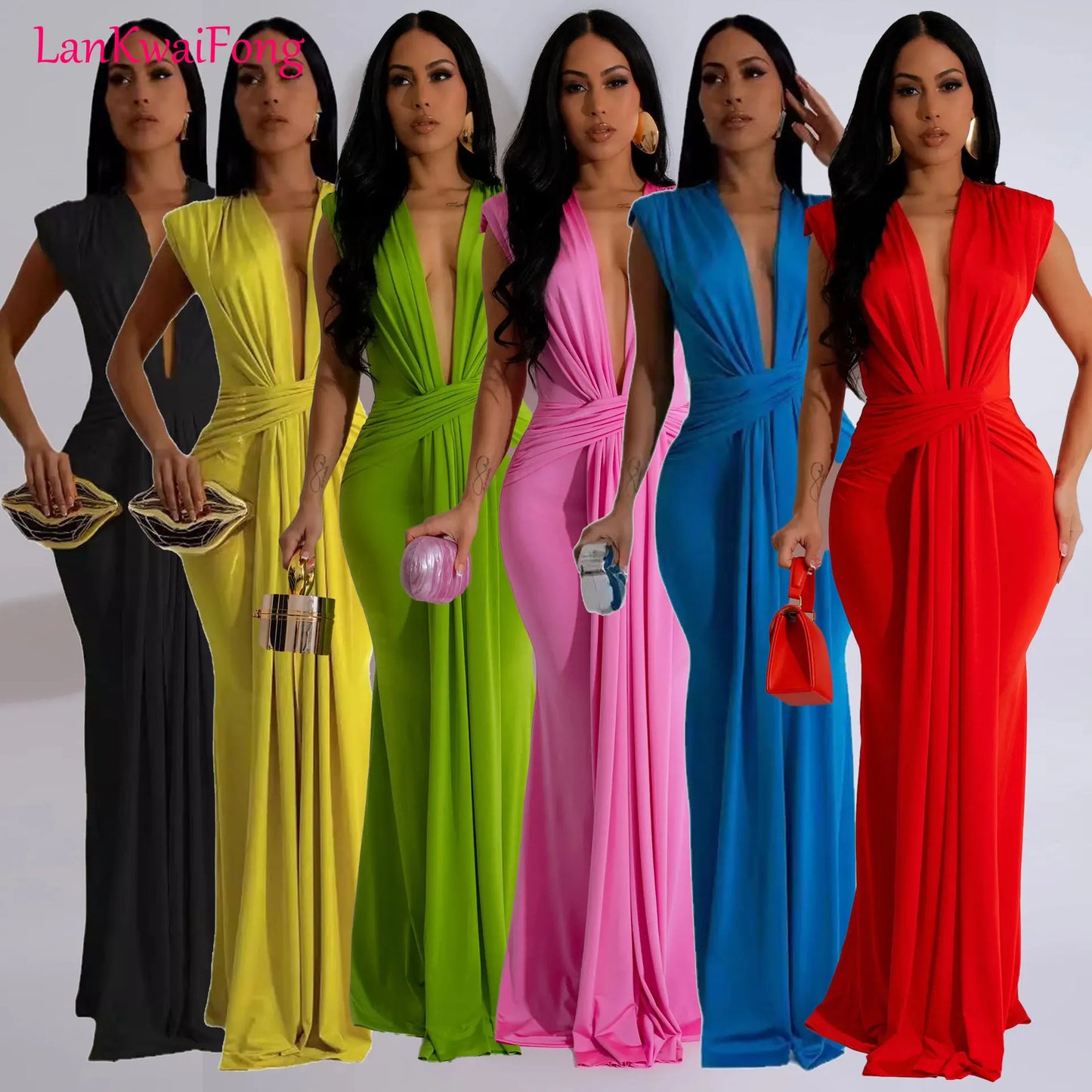 LKF Fashionable Party Dress Sleeveless Deep V Waist Sexy Solid Color Stretch Elegant MIDI Long Evening Dress